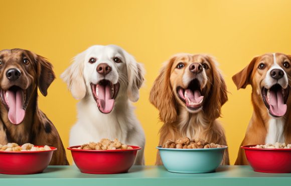 Two dogs holding bowls in their mouths, looking hopeful.