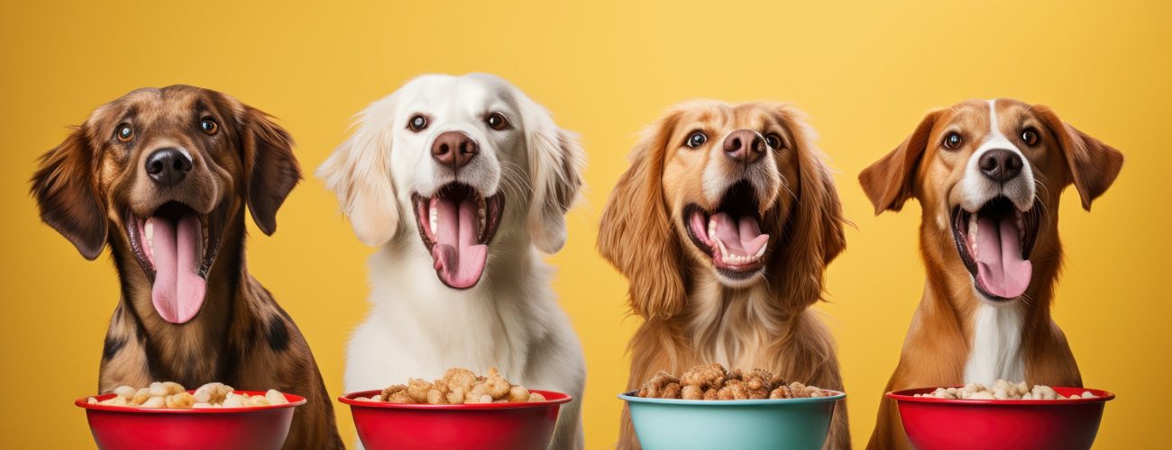 Two dogs holding bowls in their mouths, looking hopeful.